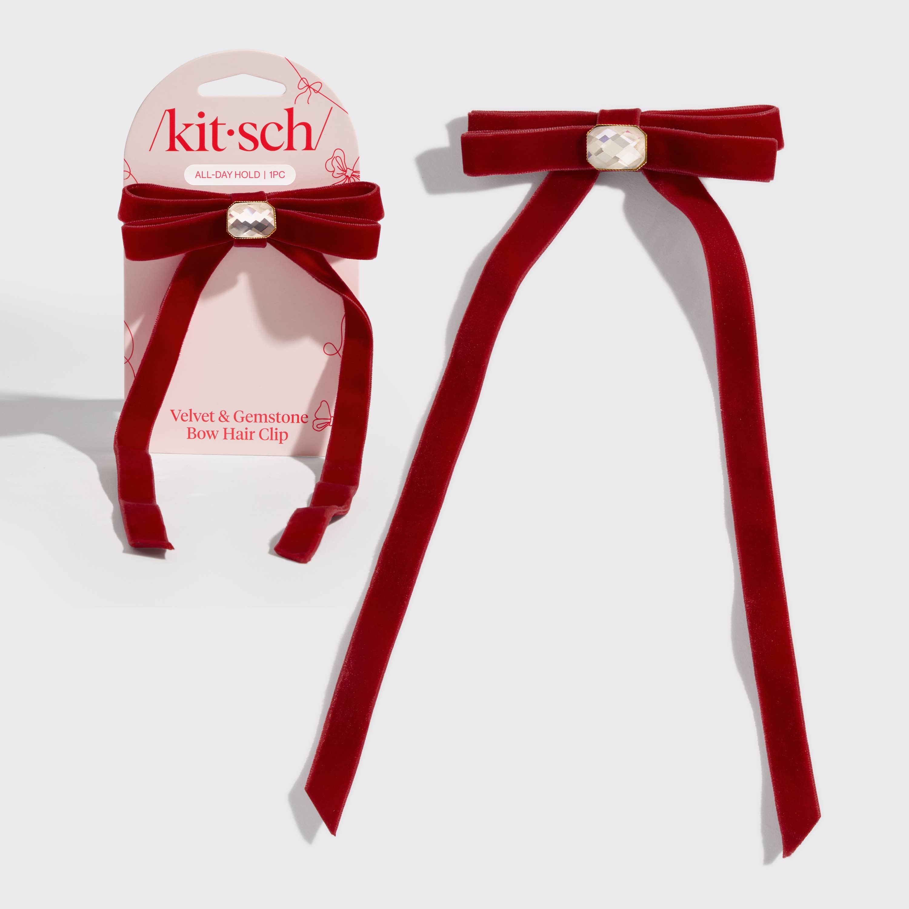 Kitsch Holiday Velvet &amp; Gemstone Bow Hair Clip