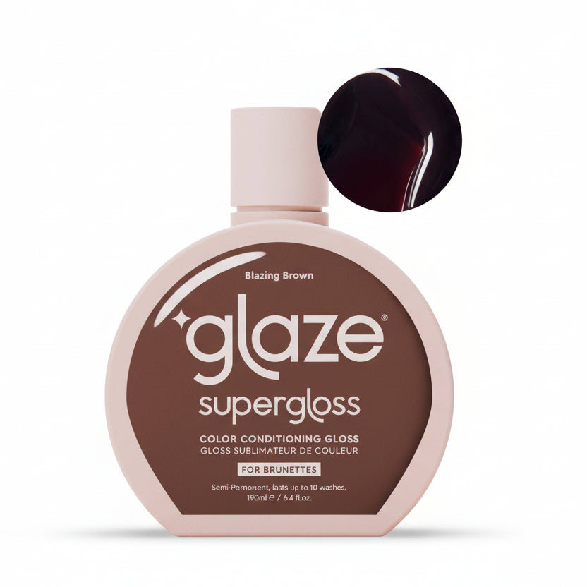 Supergloss color conditioning gloss bottle with a close-up of the gloss color on a beige background