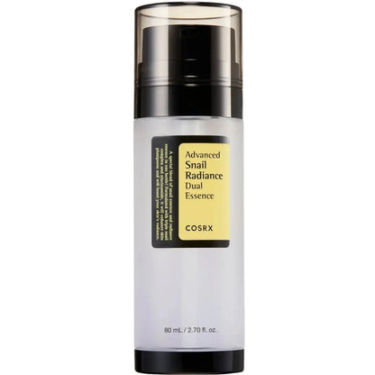 Cosrx Advanced Snail Radiance Dual Essence bottle on a white background