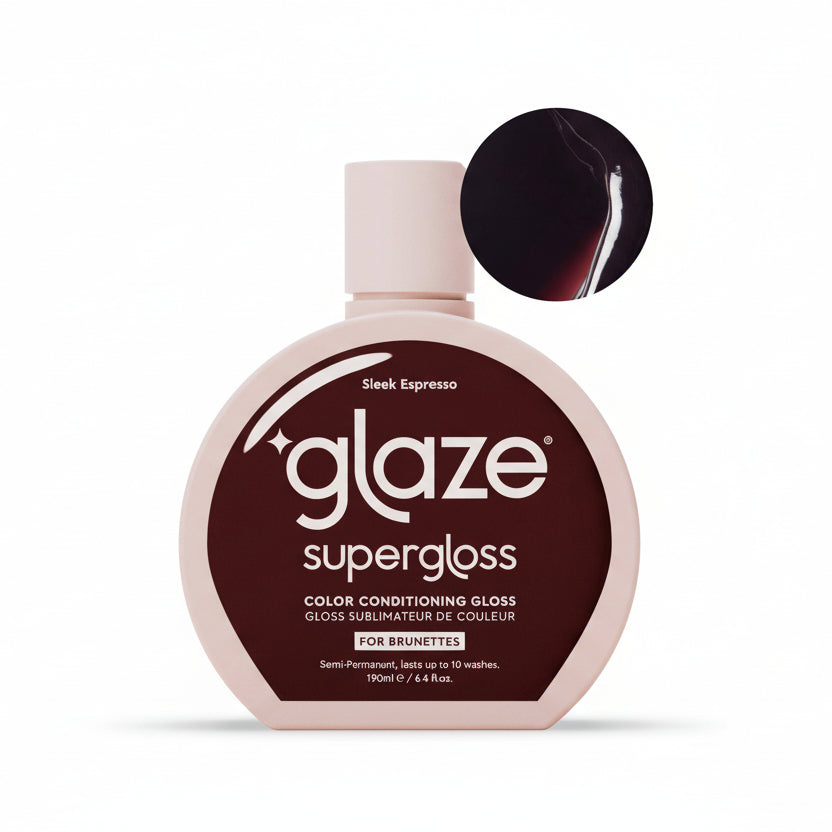Glaze Supergloss bottle with a close-up of the product on a light pink background