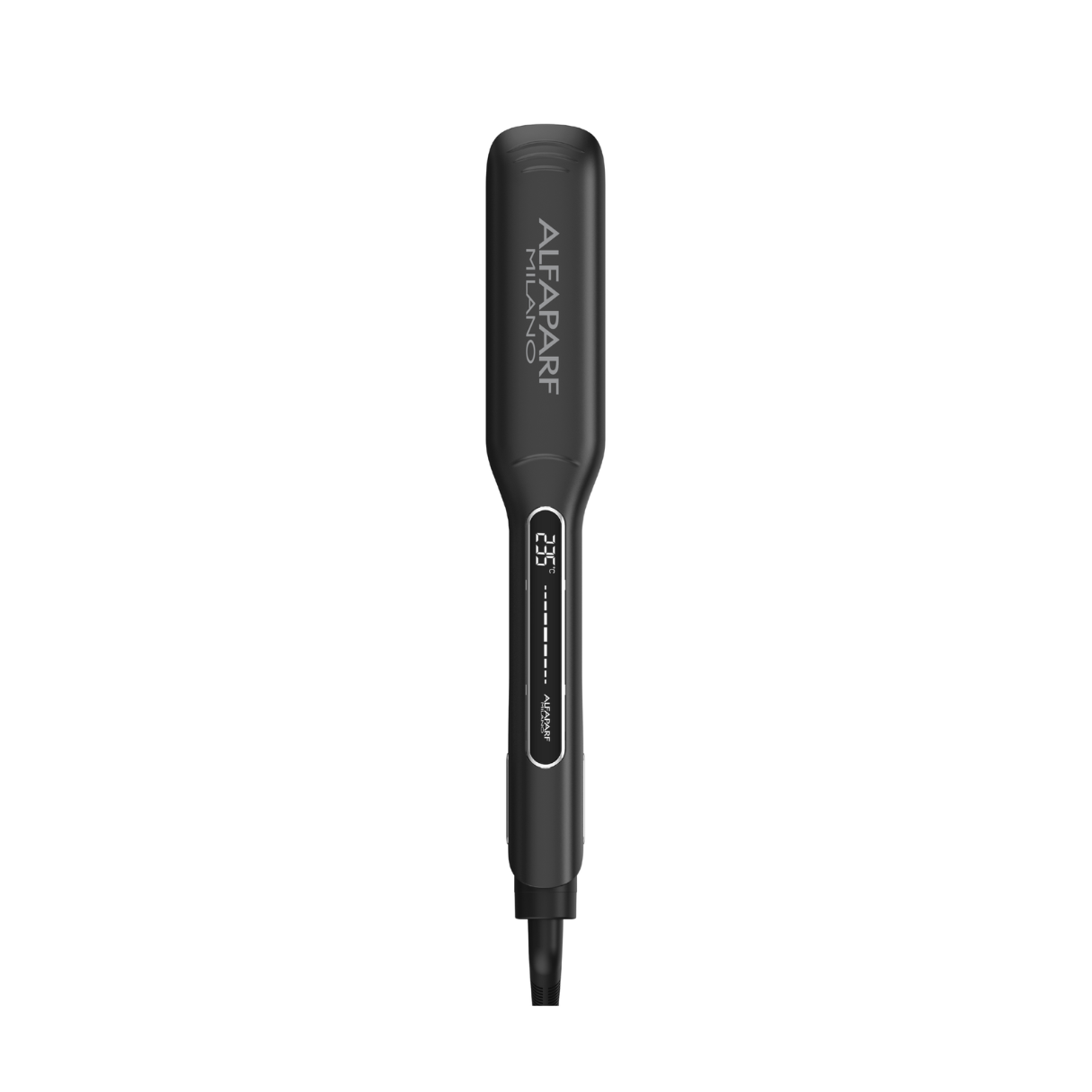 A black flat iron hair straightener with white text displaying the brand alfaparf milano on a solid white background.