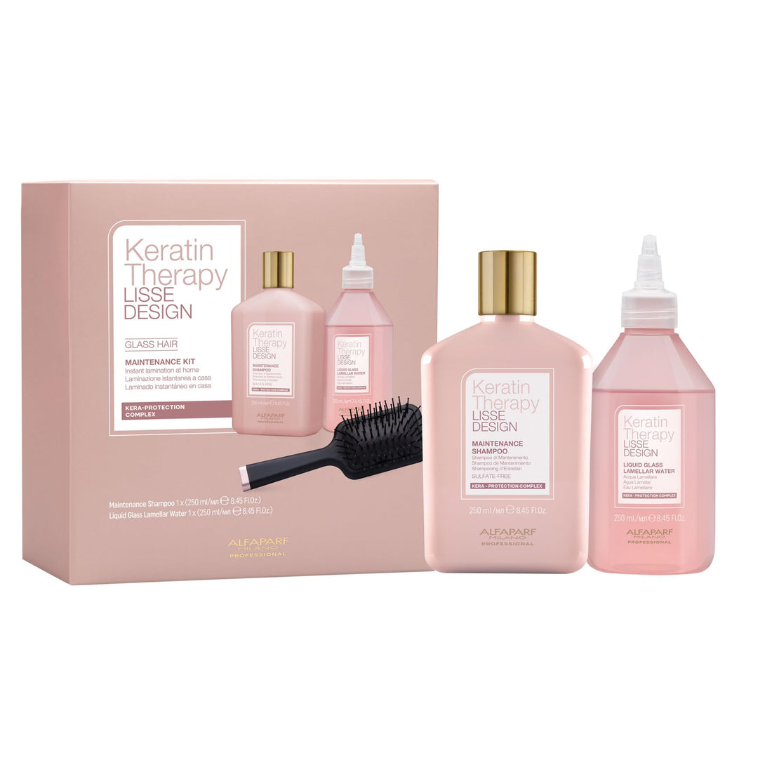 Keratin Therapy hair care product set with bottles, a brush, and packaging on a light gray background.