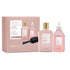 Keratin Therapy hair care product set with bottles, a brush, and packaging on a light gray background.