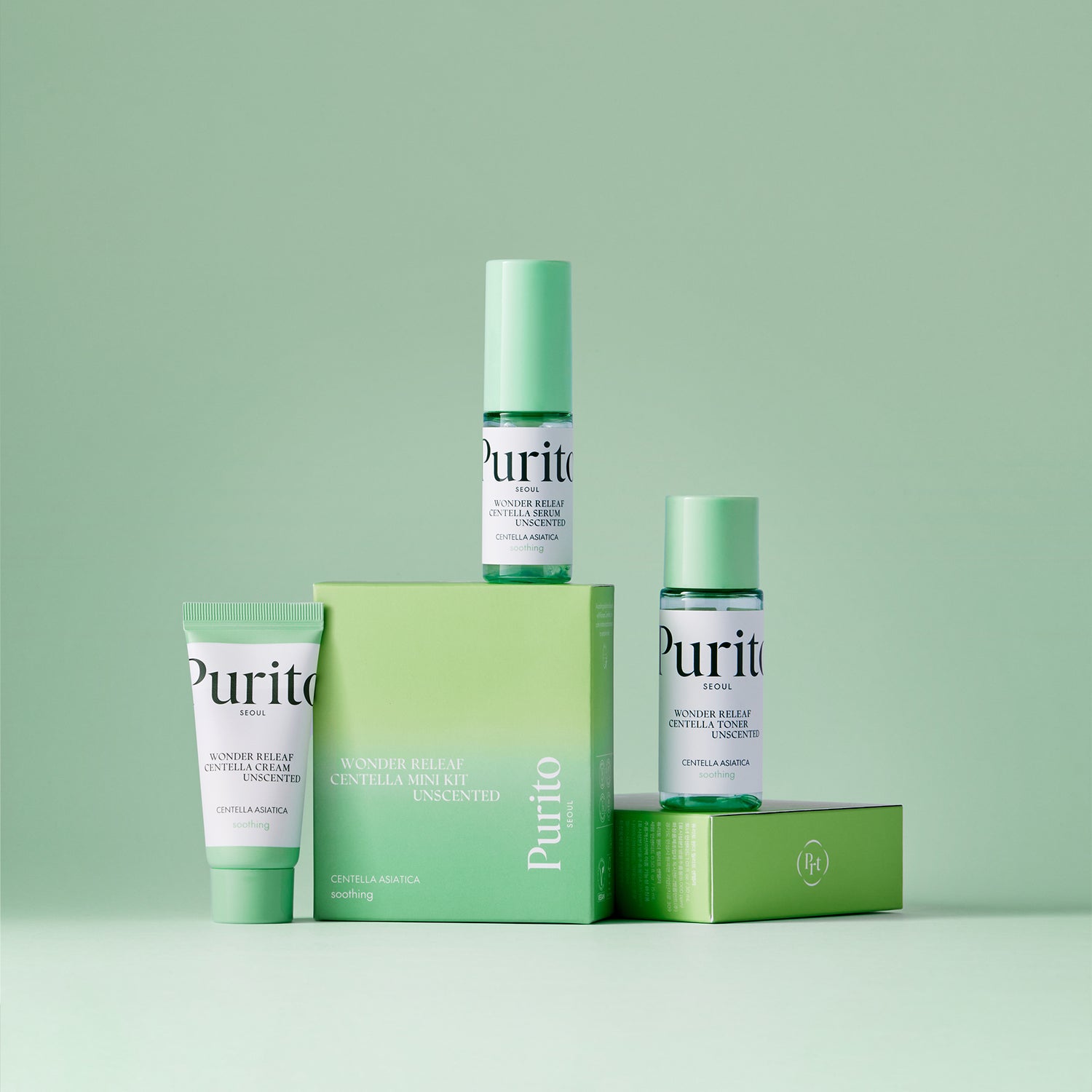 Purito skincare products on a green background