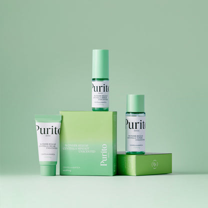 Purito skincare products on a green background