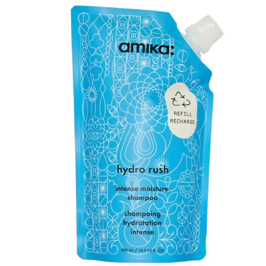 Amika hydro rush shampoo pouch on a white background