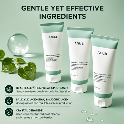 anua heartleaf + succinic acid moisture cleansing foam ingredients graphic featuring three cleanser tubes on a soft green background. highlights heartease™ (heartleaf &amp; protease), salicylic acid (bha), succinic acid and crystal ceramide to gently exfoliate, unclog pores, regulate excess sebum and help maintain the skin&