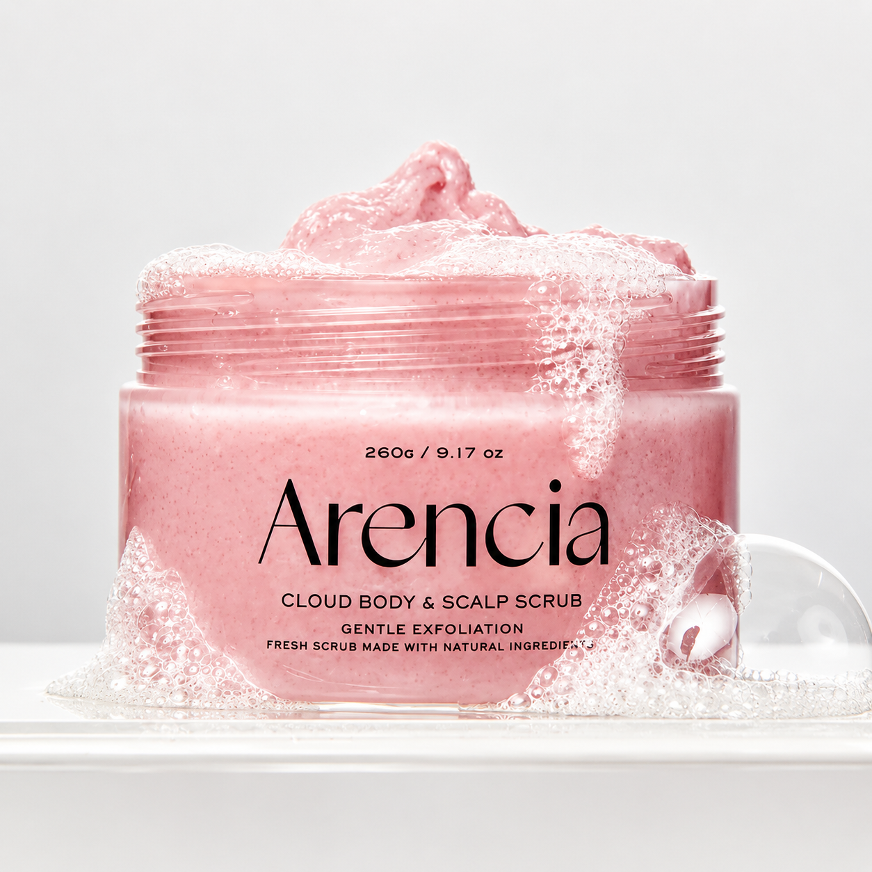 arencia fresh cloud body &amp; scalp scrub lavender & pear lid open pink scrub texture and bubbles