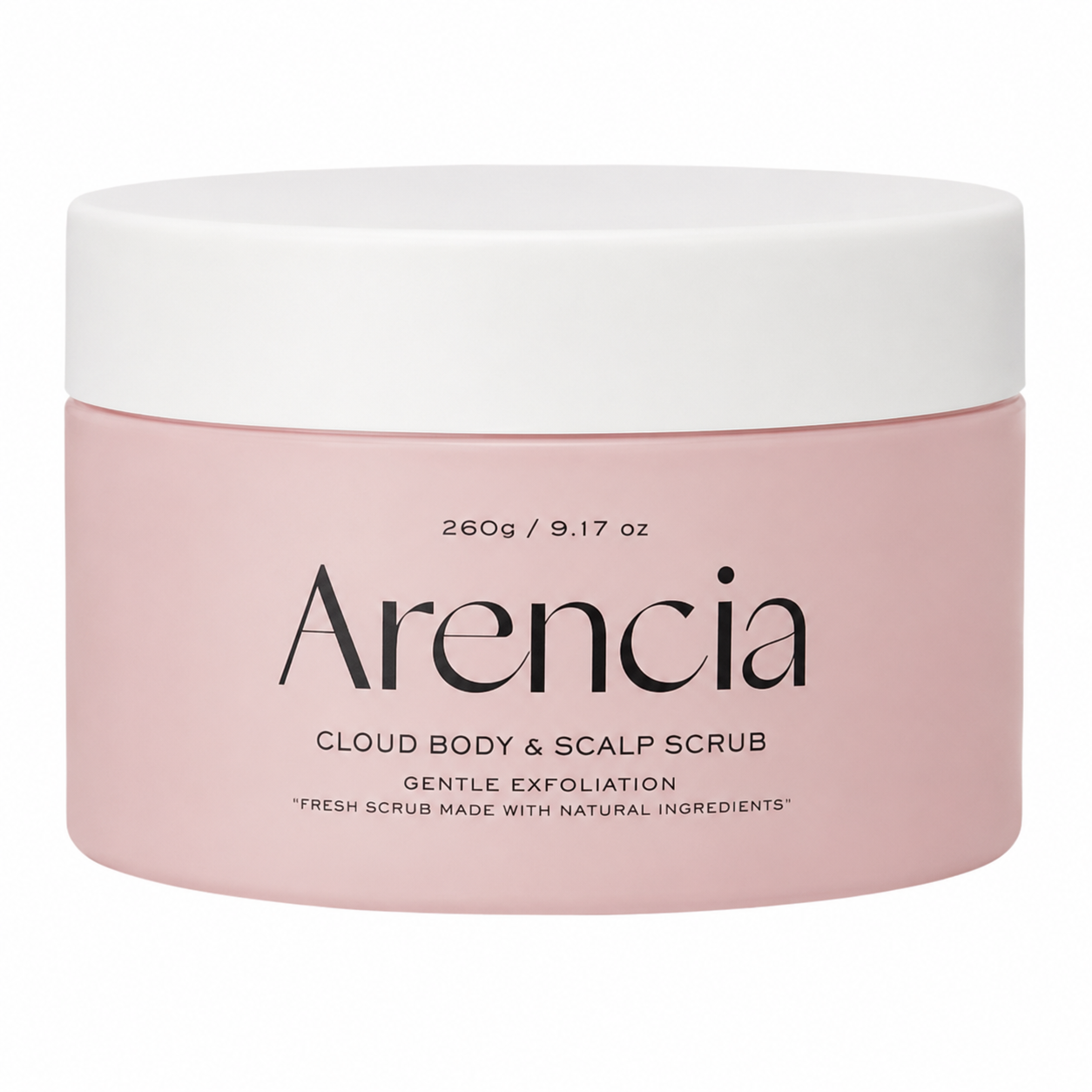 arencia fresh cloud body &amp; scalp scrub lavender & pear 260g pink tub with white lid on a clean white background