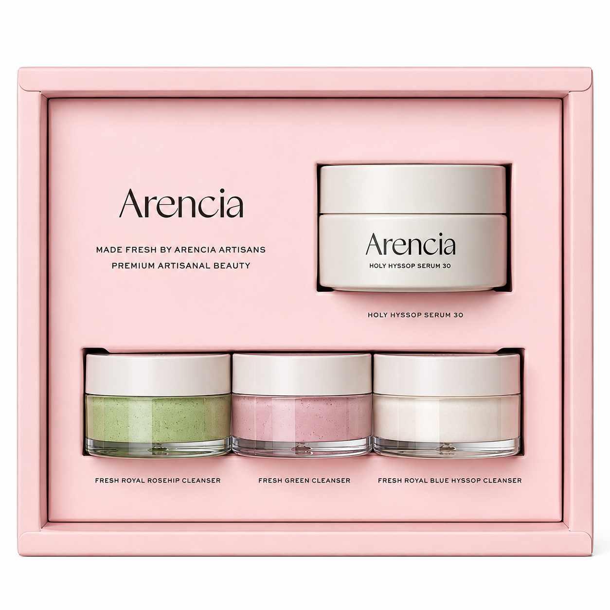 arencia skincare gift set featuring a holy hyssop serum and three mini fresh cleansers in a pastel pink presentation box on a white background.