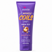 aussie miracle coils shaping jelly 193g in a purple squeeze tube, formulated with macadamia nut oil to define coils, provide strong hold, and help reduce frizz. displayed on a clean white background.
