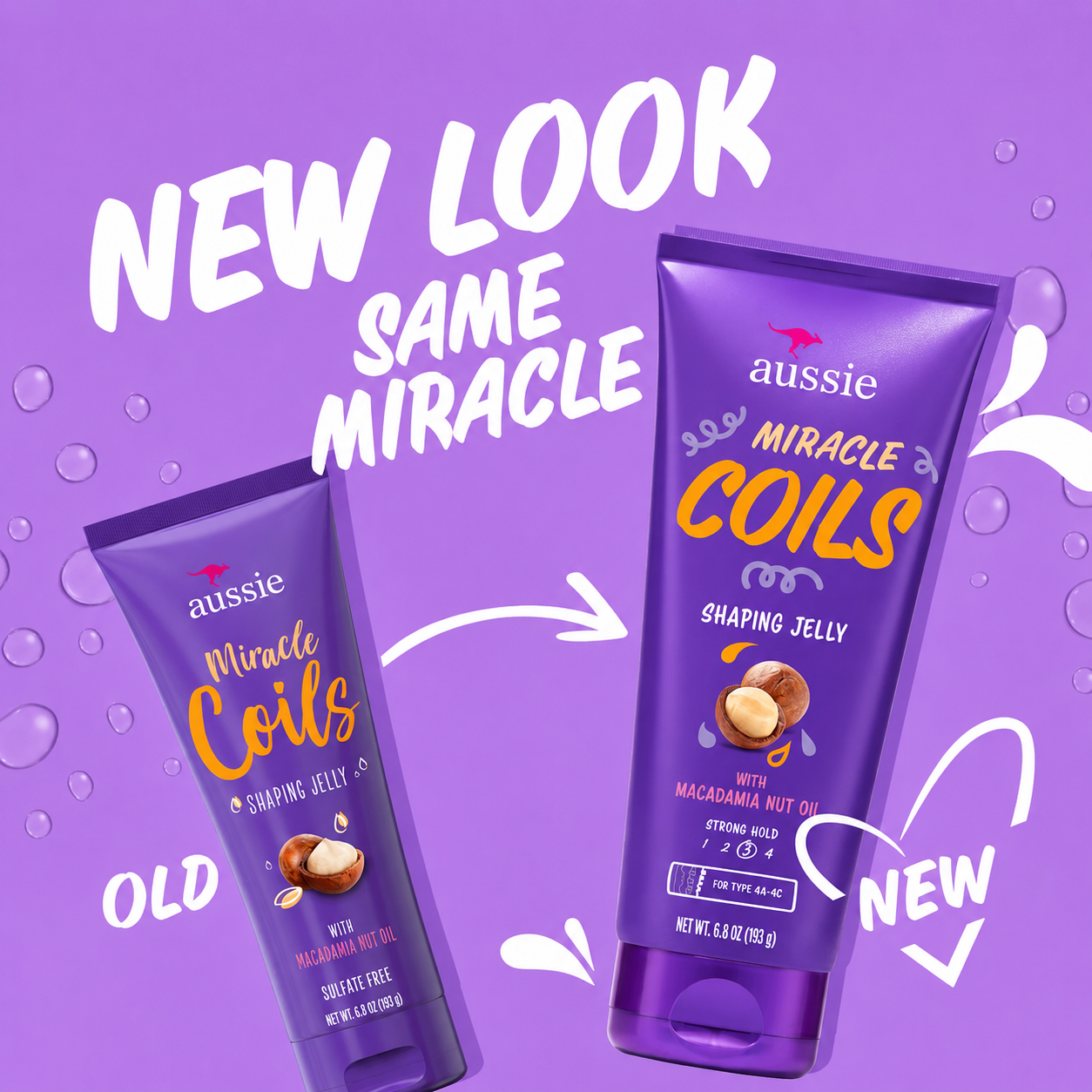 a comparison graphic showing the old and new packaging of aussie miracle coils shaping jelly with macadamia nut oil. the purple background features bold white text reading "new look, same miracle", arrows pointing from the old design to the new design, and decorative water splash graphics highlighting the refreshed packaging.
