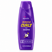 aussie miracle curls shampoo 360ml in a glossy purple bottle, formulated for type 3a–4a curls to gently cleanse while helping hydrate, soften, and define curls. displayed on a clean white background.