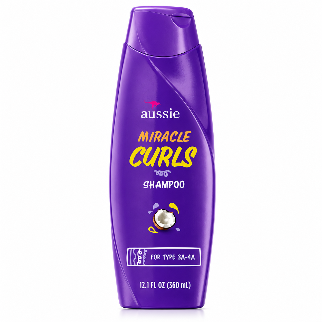 aussie miracle curls shampoo 360ml in a glossy purple bottle, formulated for type 3a–4a curls to gently cleanse while helping hydrate, soften, and define curls. displayed on a clean white background.