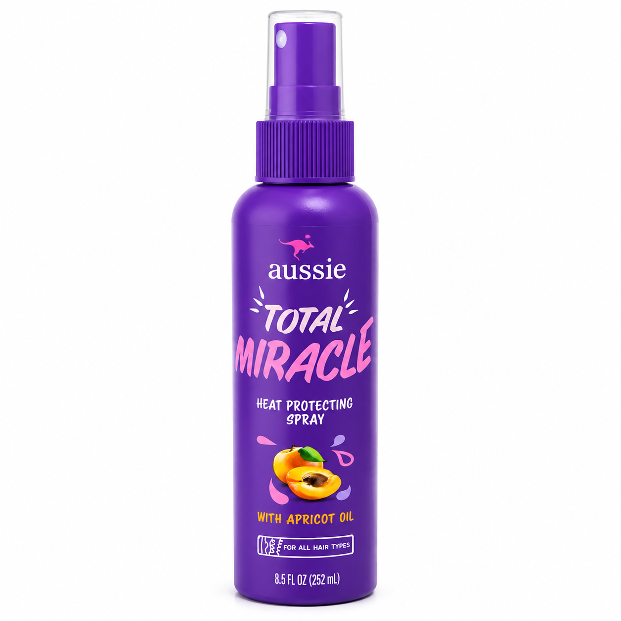 aussie total miracle heat protecting spray 252ml in a purple spray bottle, formulated with apricot oil to help protect hair from heat styling, reduce damage, and leave hair soft and smooth. displayed on a clean white background.