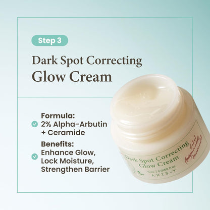axis-y dark spot correcting glow cream infographic highlighting the third step of the glass skin routine. features a formula with 2% alpha-arbutin and ceramides to help brighten the complexion, lock in moisture and strengthen the skin barrier for a healthy, radiant glow.