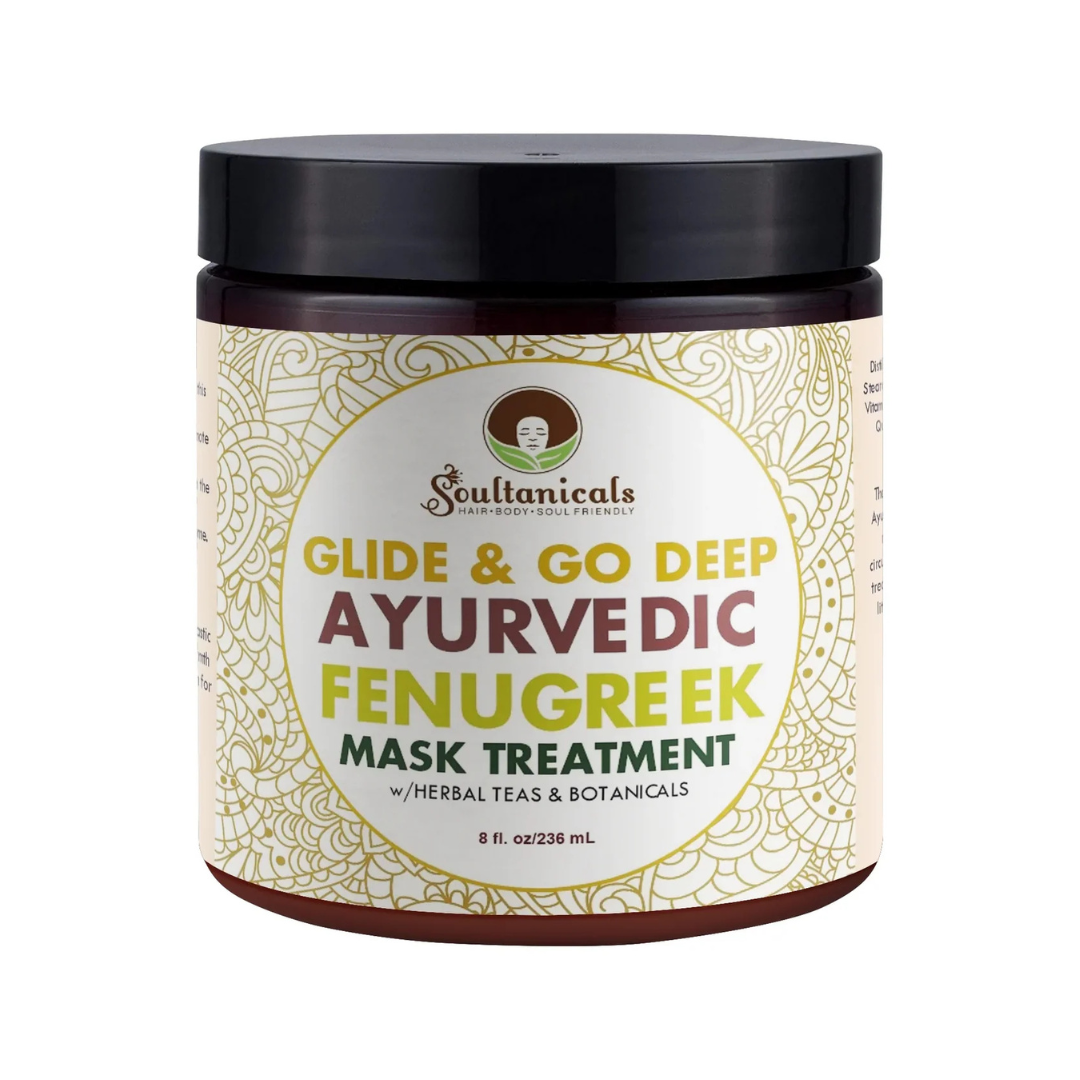 Jar of Soultanicals Glide &amp; Go Deep Ayurvedic Fenugreek Mask Treatment on a white background