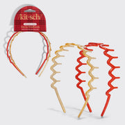 Three Kitsch Zluzag headbands with a red and gold plaid pattern, shown both on their retail packaging and as a set of three on a light gray background.