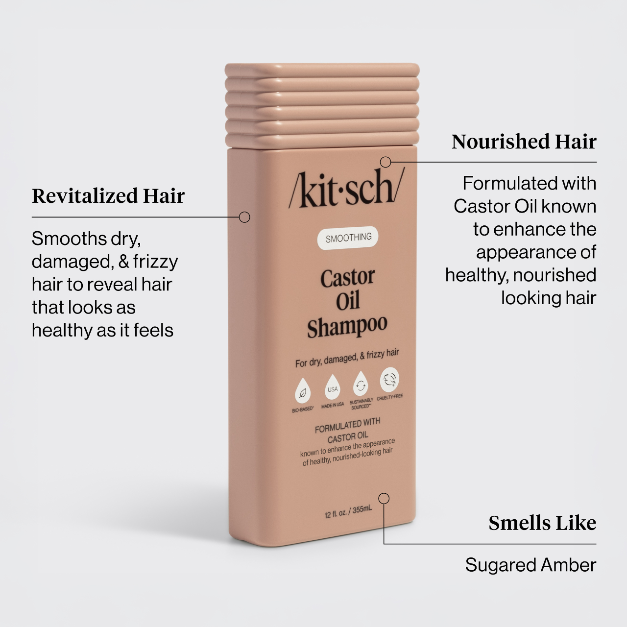 Kitsch Castor Oil Shampoo bottle with product features on a white background