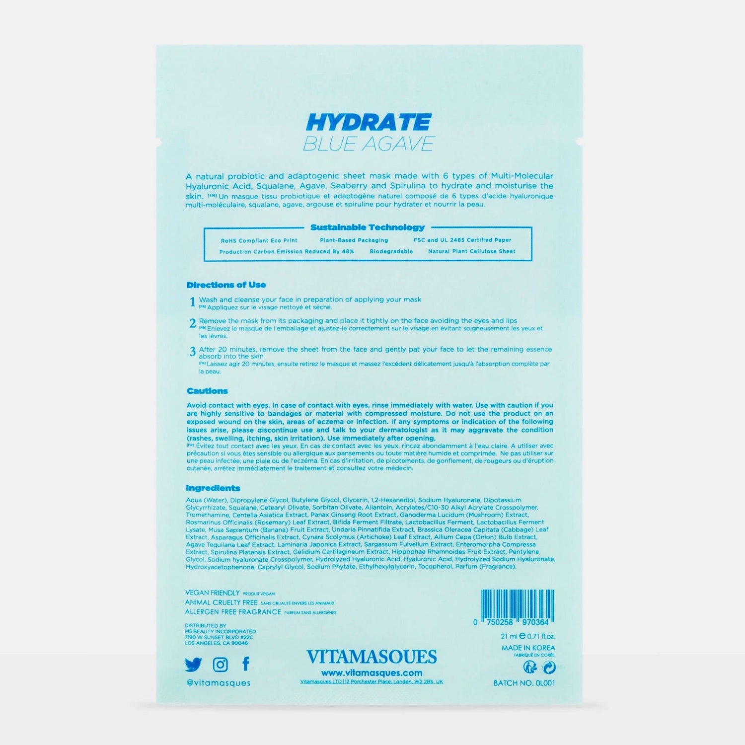 Vitamasques Hydrate Blue Agave Biodegradable Face Sheet Mask