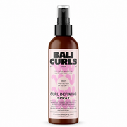 A bottle of Bali Curls by Hank Curl Defining Spray, featuring a brown bottle, black spray nozzle, and a pink and white label with black text.