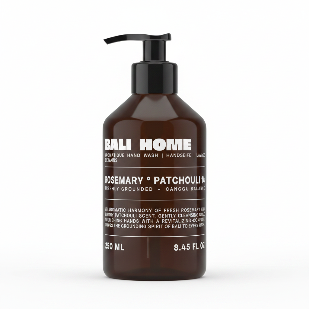 Bottle of Bali Home Rosemary Patchouli hand wash on a white background