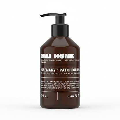 Bottle of Bali Home Rosemary Patchouli hand wash on a white background