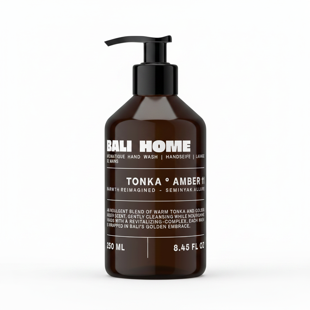 Bottle of Bali Home Tonka Amber hand wash on a white background