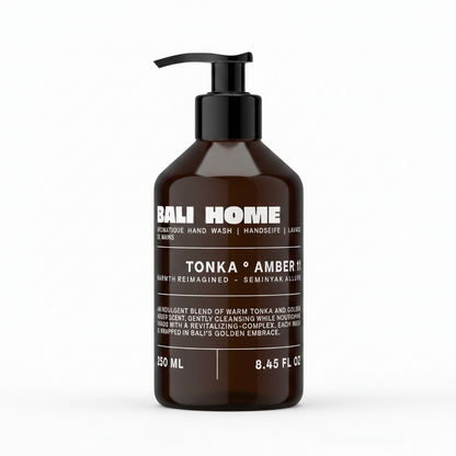 Bottle of Bali Home Tonka Amber hand wash on a white background