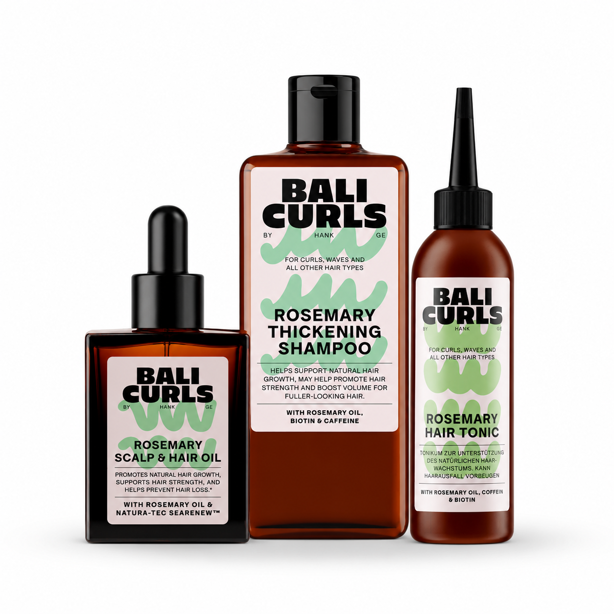 Bali Curls Rosemary Strengthening Set | Kiyo Beauty products on a white background: a Rosemary Scalp & Hair Oil dropper bottle, a Rosemary Thickening Shampoo bottle, and a Rosemary Hair Tonic bottle.
