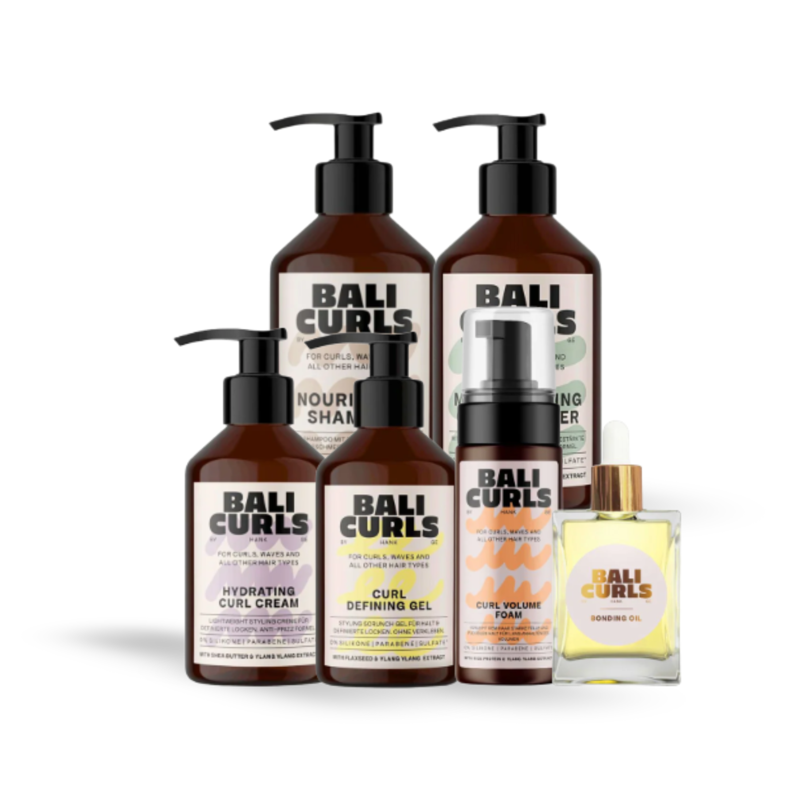 Bali Curls hair care product set on a white background