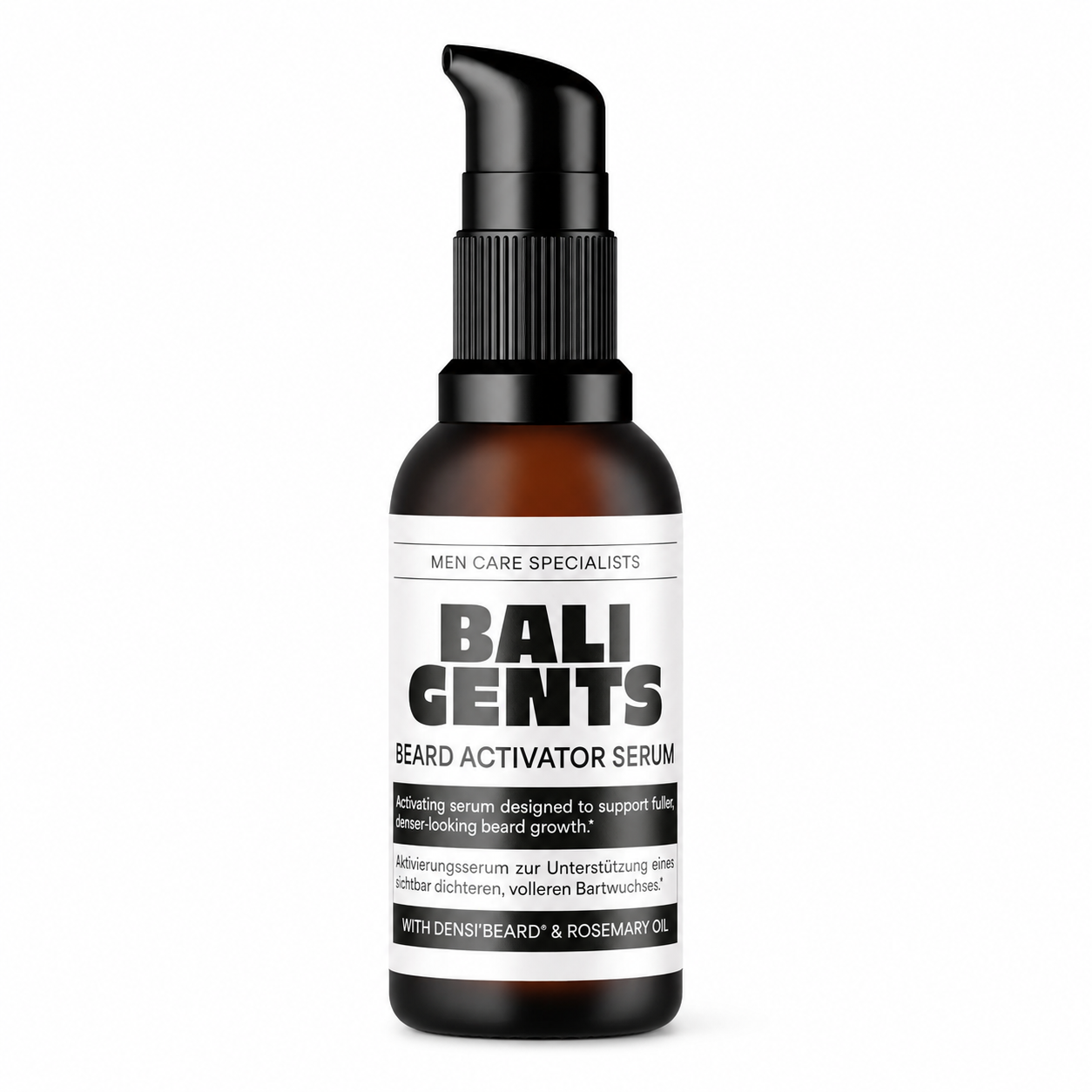 bali gents beard activator serum with densi'beard and rosemary oil on white background
