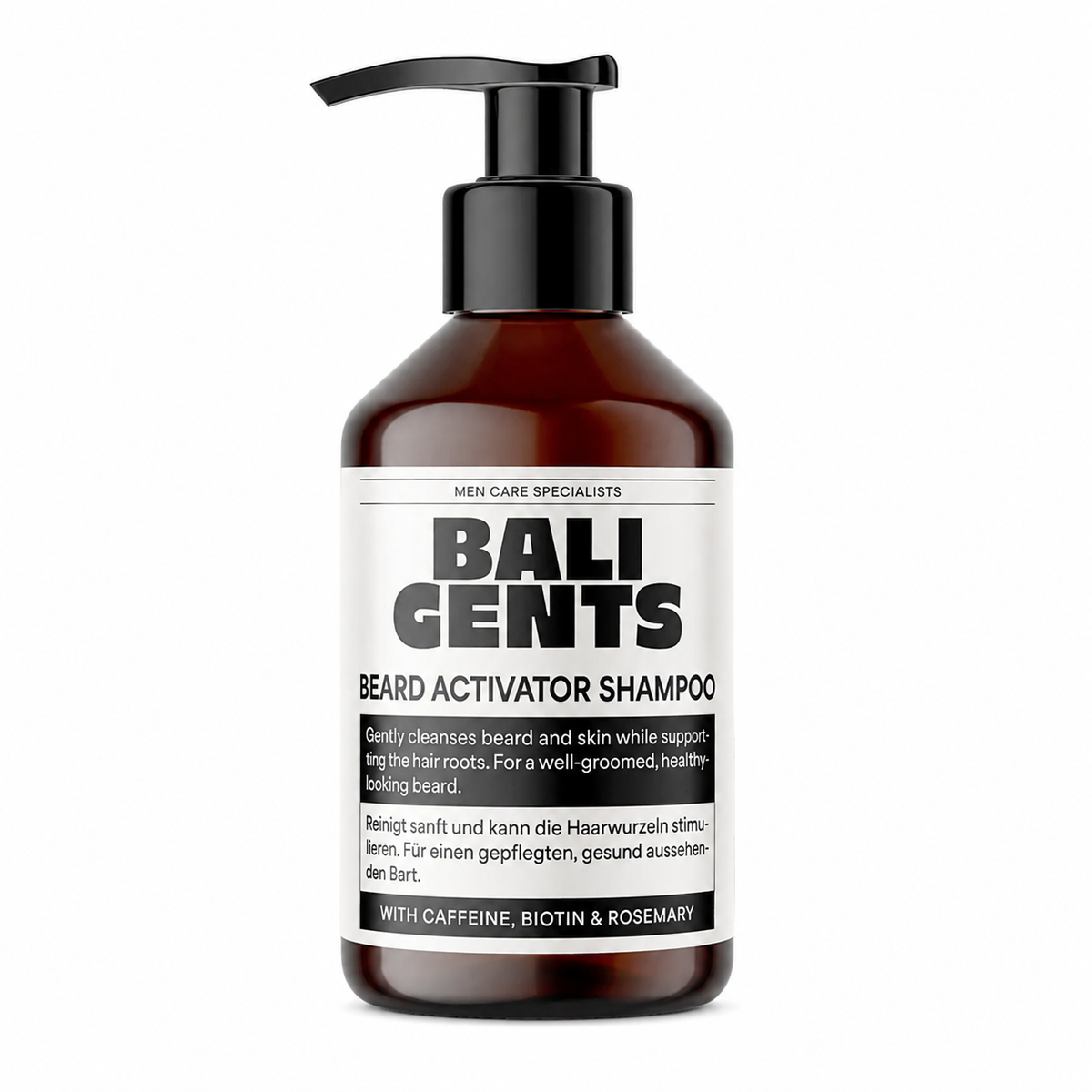 bali gents beard activator shampoo with caffeine, biotin and rosemary on white background