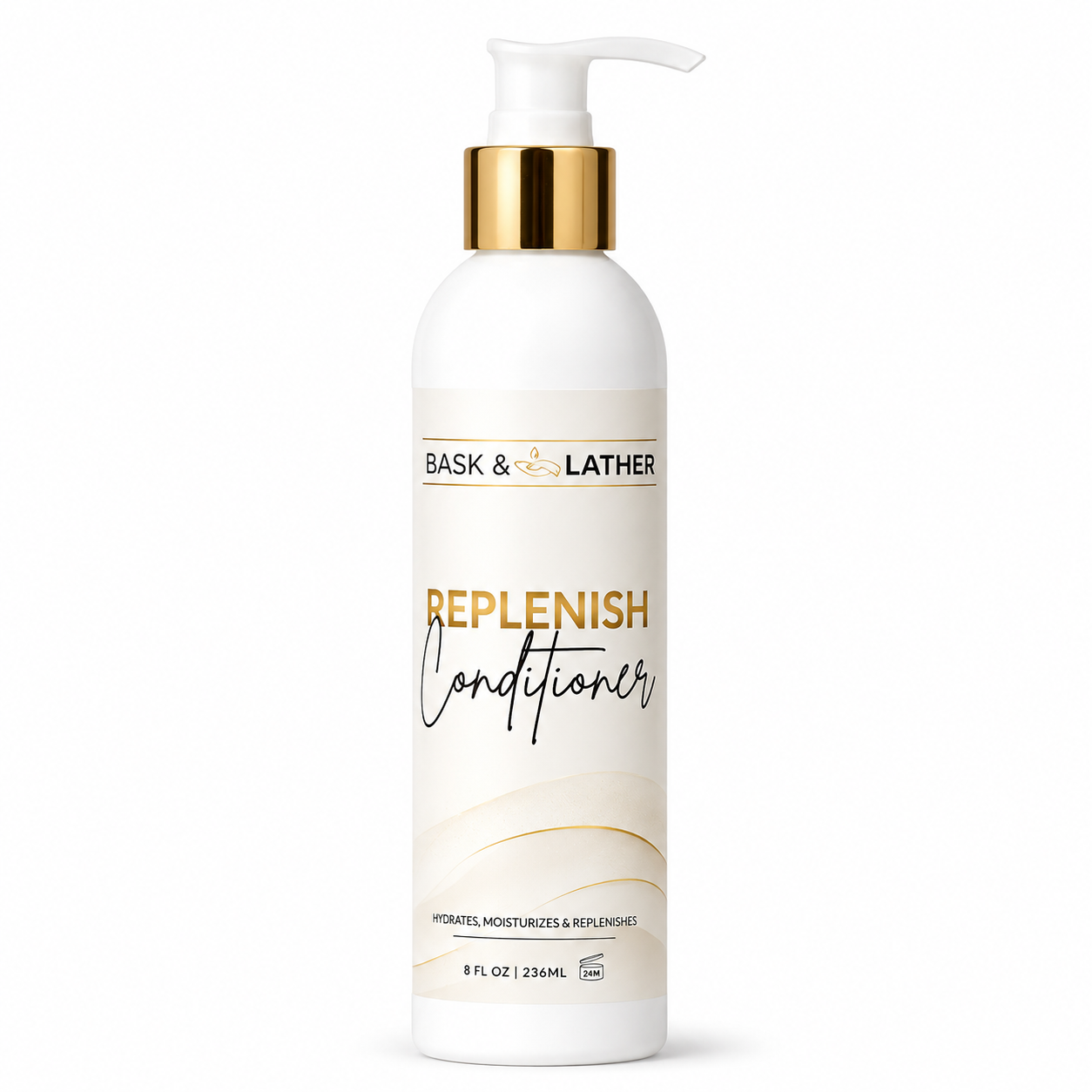 bask & lather replenish conditioner 236ml in a white pump bottle, formulated to hydrate, moisturize, and replenish dry hair while helping improve softness, manageability, and overall hair health. displayed on a clean white background.