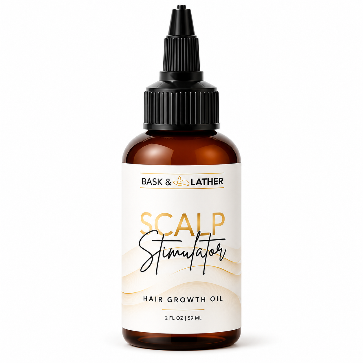 bask & lather scalp stimulator hair growth oil 59ml in an amber applicator bottle, formulated with rosemary and botanical oils to nourish the scalp, support a healthy scalp barrier, and help promote stronger, healthier-looking hair. displayed on a clean white background.
