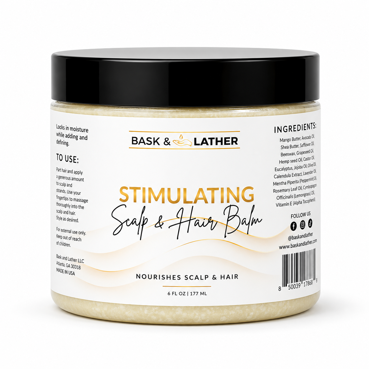 bask & lather stimulating scalp & hair balm 177ml in a nourishing balm jar, formulated with botanical oils and butters to moisturize the scalp, seal in hydration, and help support stronger, healthier-looking hair. displayed on a clean white background.