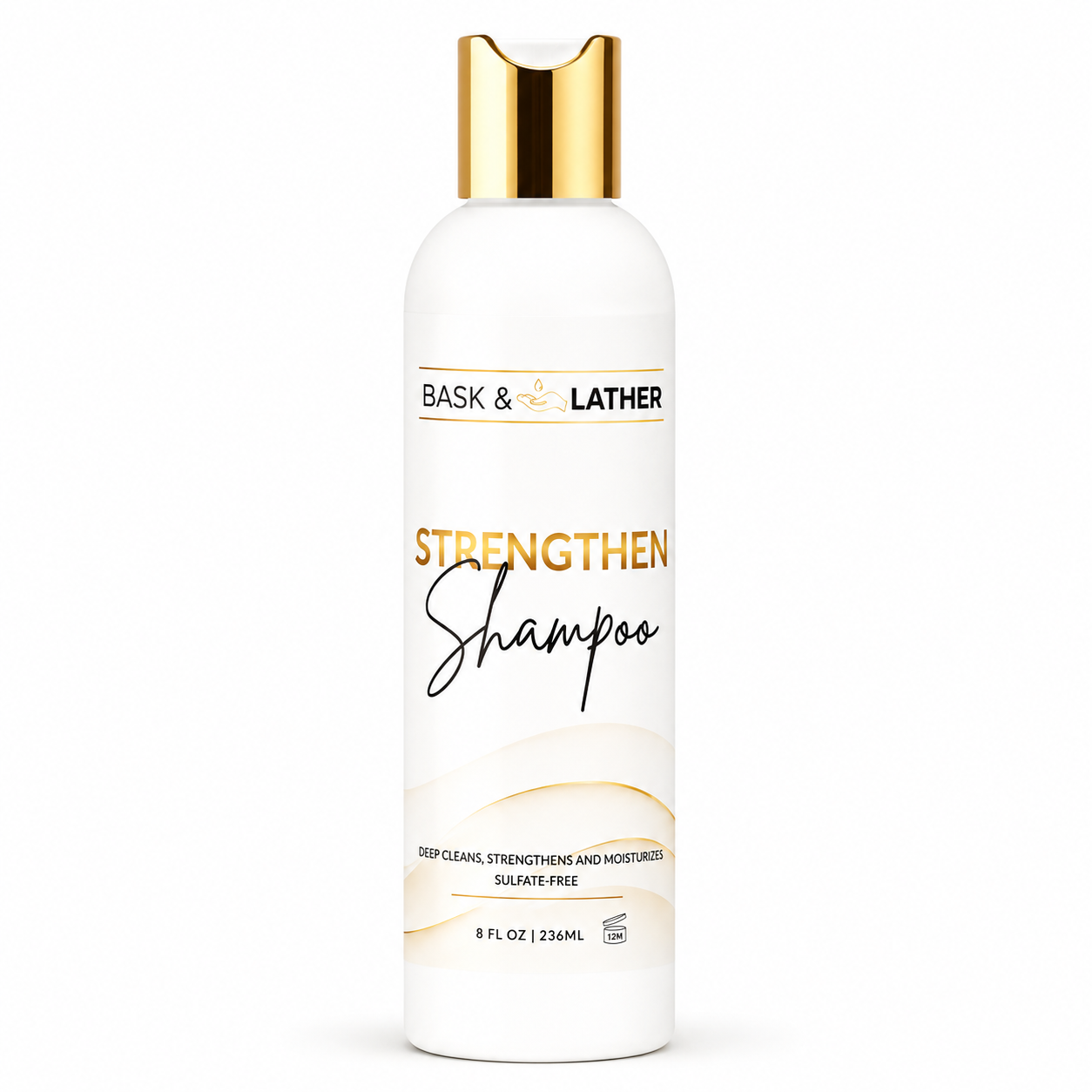 bask & lather strengthen shampoo 236ml in a white bottle with a gold cap, formulated to deeply cleanse, strengthen, and moisturize hair with a sulfate-free formula that helps leave hair feeling soft, healthy, and refreshed. displayed on a clean white background.