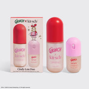 Three Dr. Seuss x Kitsch 'Cindy-Lou Duo' hair perfume bottles and their retail box on a light gray background.