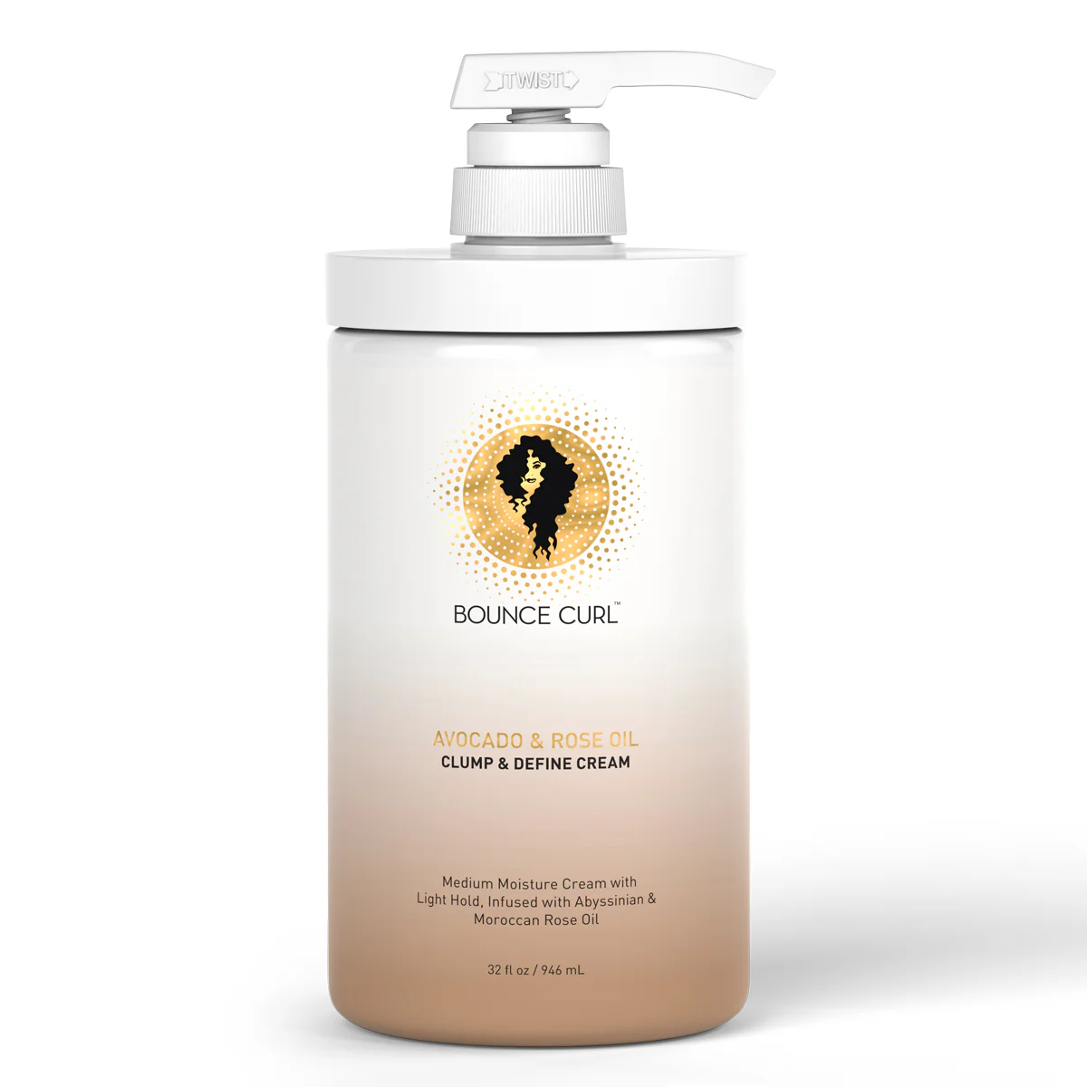 Bottle of Bounce Curl Avocado & Rose Oil Clump & Define Cream on a white background