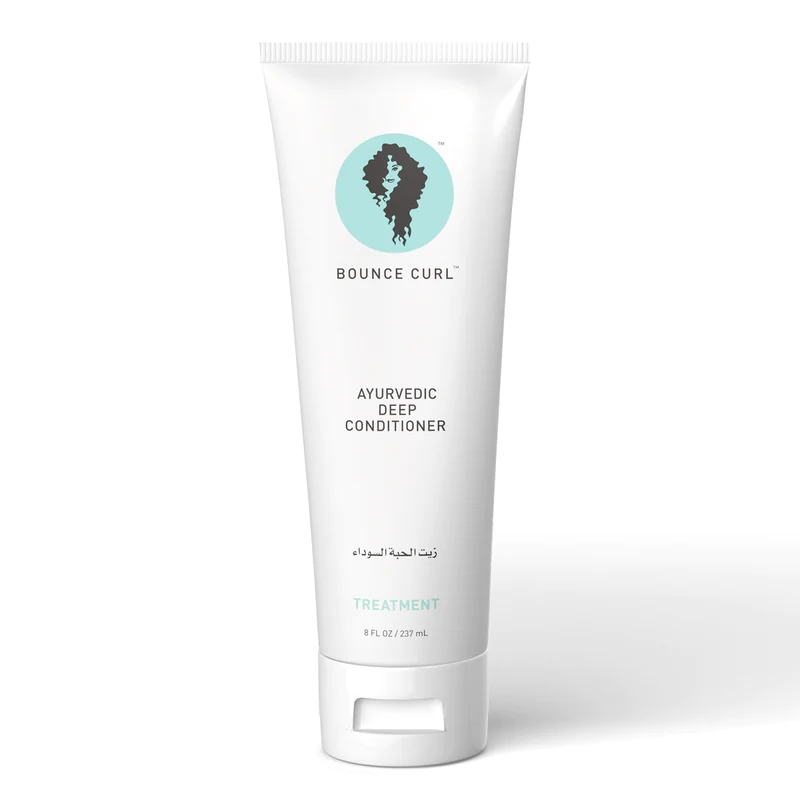 Bounce Curl Ayurvedic Deep Conditioner – a protein-free, ultra-nourishing hair treatment made with Indian herbs like amla, shikakai, and bhringraj. Designed for wavy, curly, and coily hair of all textures. Enhances softness, shine, and manageability while reducing frizz. Comes in a sleek jar with clean, minimal branding.