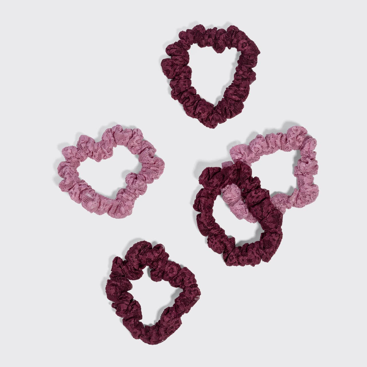 Kitsch Ruched Lace Scrunchies 5pc Set - Cherry Lacquer & Dusty Pink