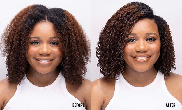 Before and after comparison of a woman with curly hair using curly magic on a white background