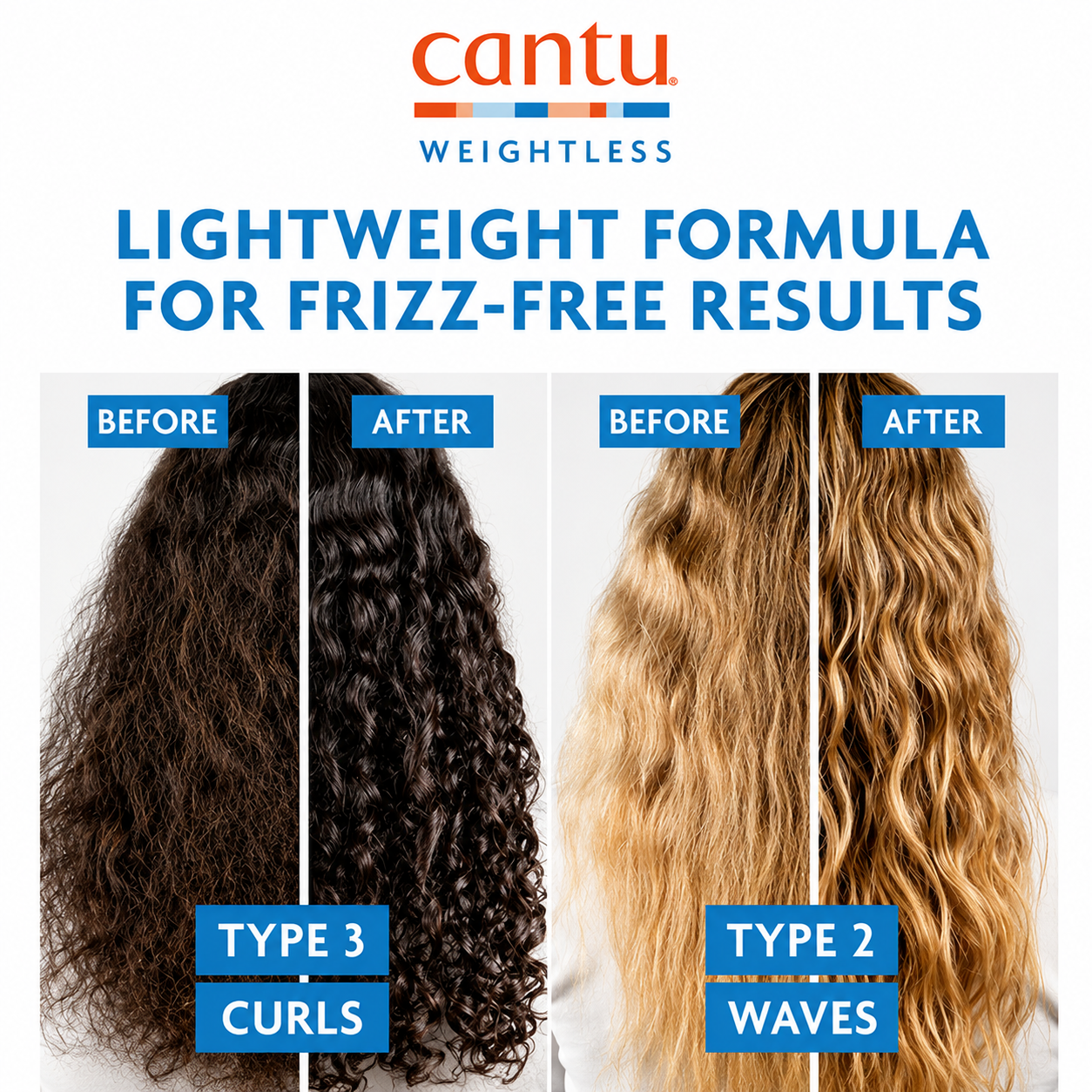 before and after comparison showing the results of cantu weightless lightweight formula for frizz-free hair. side-by-side images demonstrate improved definition and reduced frizz on type 3 curls and type 2 waves, with smoother, shinier, more defined hair after use.