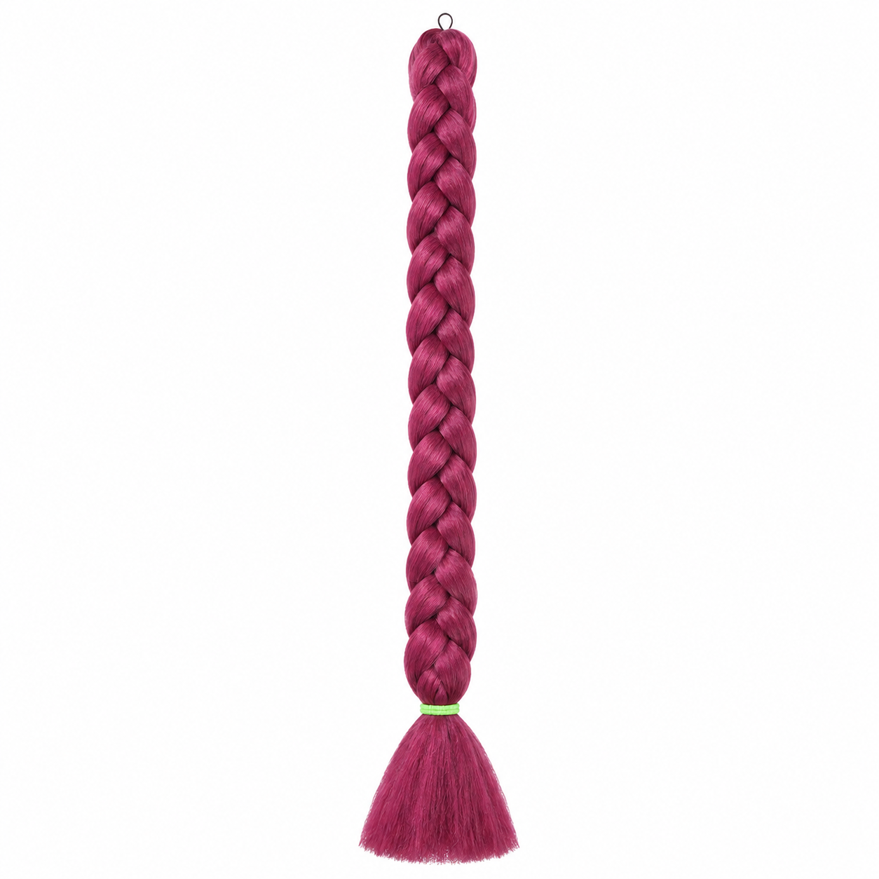 berry long synthetic braiding hair extension in a neat three-strand braid with a smooth tassel end secured by a green elastic band, isolated on a clean white background