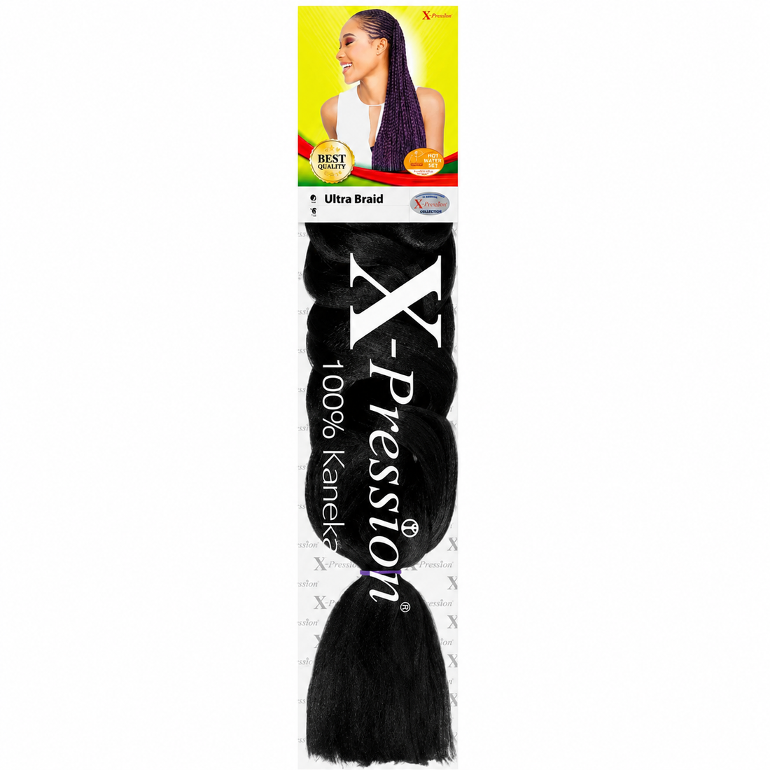 black x-pression ultra braid 100% kanekalon synthetic braiding hair pack with a model wearing long braids on the header card, displayed vertically on a clean white background.