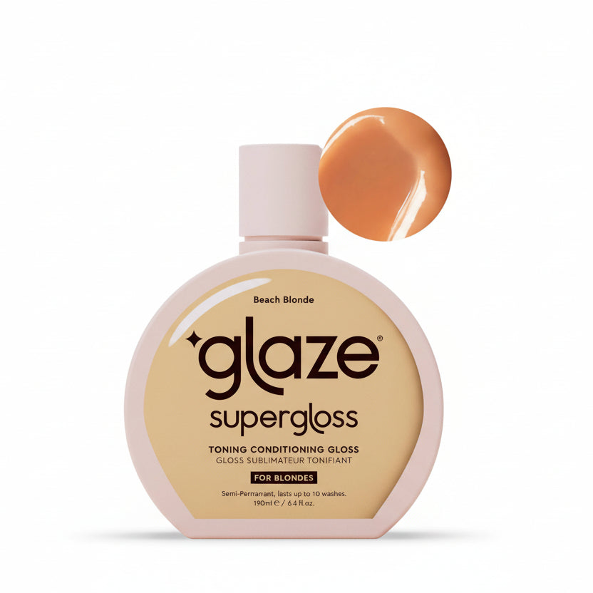 Glaze supergloss bottle with a sample of blonde hair color on a light background