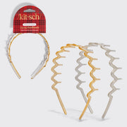 Three zigzag wavy plastic hair bands in gold, silver, and white, shown with a red plaid retail header card labeled kit-sch.