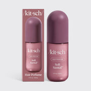 Kitsch Soft Santal hair perfume bottle and its matching retail box, both in a dusty mauve-purple color, set against a light gray background.
