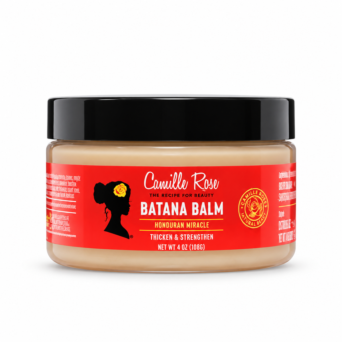 A jar of Camille Rose Batana Balm with a black lid and a red label, set against a plain white background.
