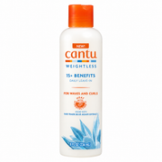 cantu weightless 15+ benefits daily leave-in for waves and curls, 236ml bottle with orange flip-top cap on a white background. lightweight leave-in cream formulated with fair trade blue agave extract to help detangle, reduce frizz, strengthen hair, add volume, protect against heat up to 250°c, and improve manageability.